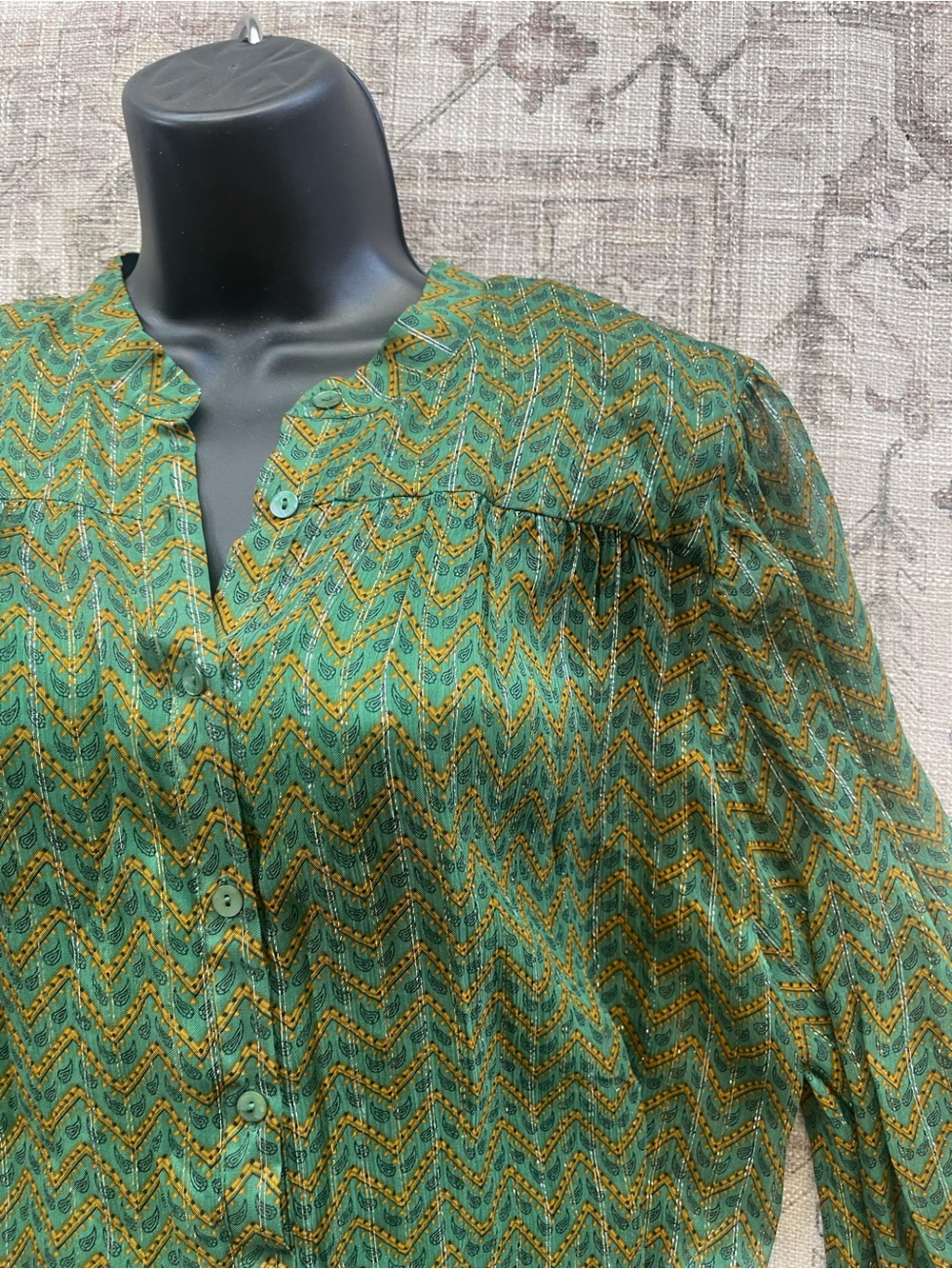 ba&sh Green Chevron Wize Ruffle-Neck Blouse - Picture 5 of 10